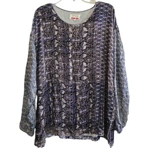 Biya Johnny Was Velvet Abstract Print Top Silk Sleeves Medium Blue Gray Oversize